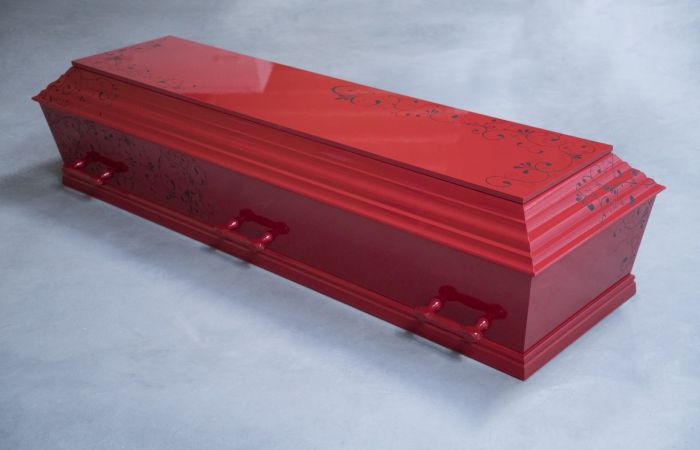 Kiste til begravelse og bisættelse i rød højglans